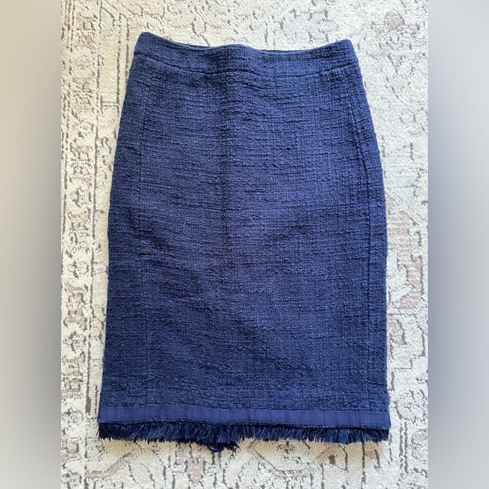J. Crew Navy Tweed Fringe Pencil Skirt Size 2